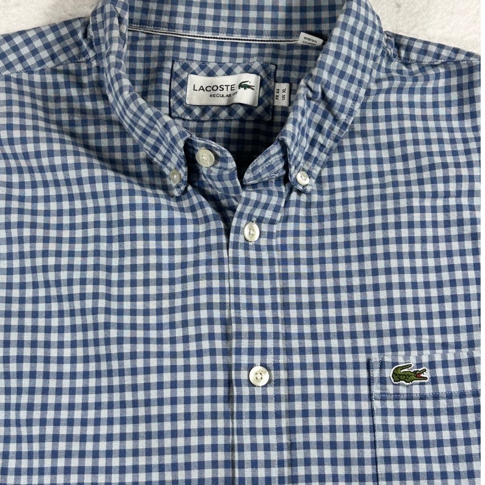 Lacoste Mens XL Shirt Blue Gingham Check Regular Fit Long Sleeve Cotton CH5891